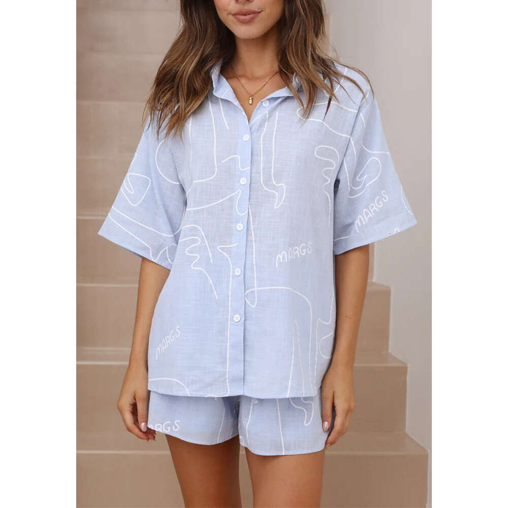 Women's Wear Short Sleeved Shirt And Shorts For Women In Summer , Casual Letter Abstract Line Printed Two-Piece Set