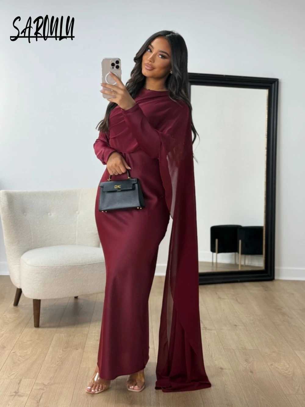 Burgundy Abaya Women Satin Modest Evening Dress Simple Hot Sale Cocktail Gown With Side Cape Elegant Arabic Long Slves Robe X250514