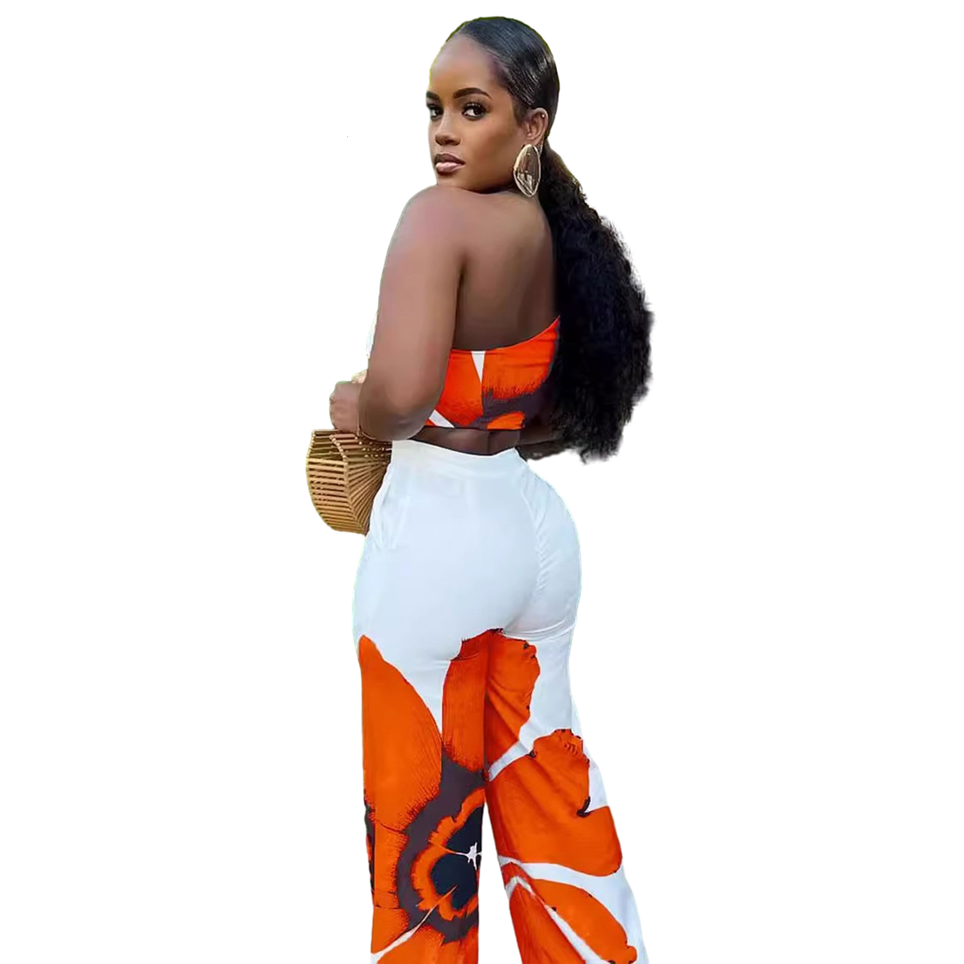 D9738 Womens Fashion Sexy Flower Printed One Shoulder Slim Wide Leg Pants Two Piece Set