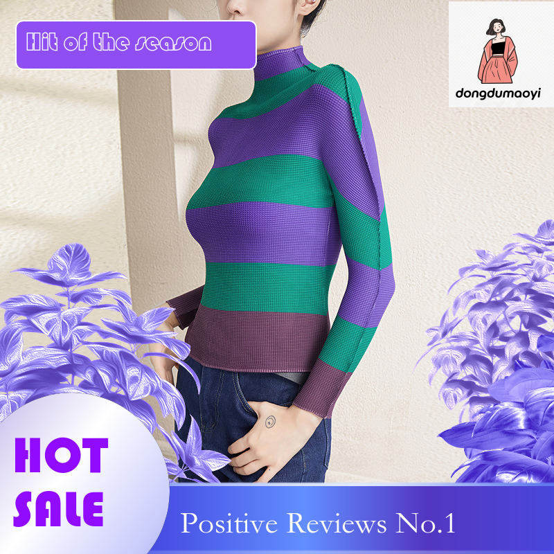 dongdumaoyi Miyake T-shirt for Women 2025 Spring Autumn Half High Collar Long Sleeve Printed Stripe Slimming Top with Fashionable and Versatile Style
