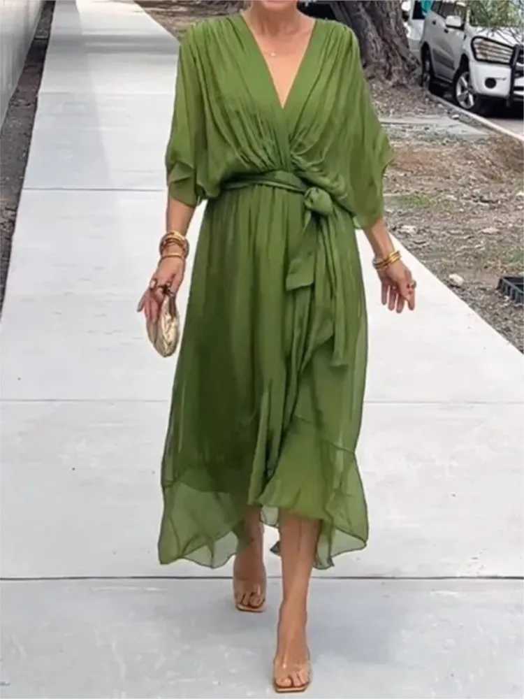 For Womens Beach Solid Color Lace-up Long Dress Spring Summer New Fashion Casual Bat Sleeve Irregular Elegant Female Dress 2025XJ250514