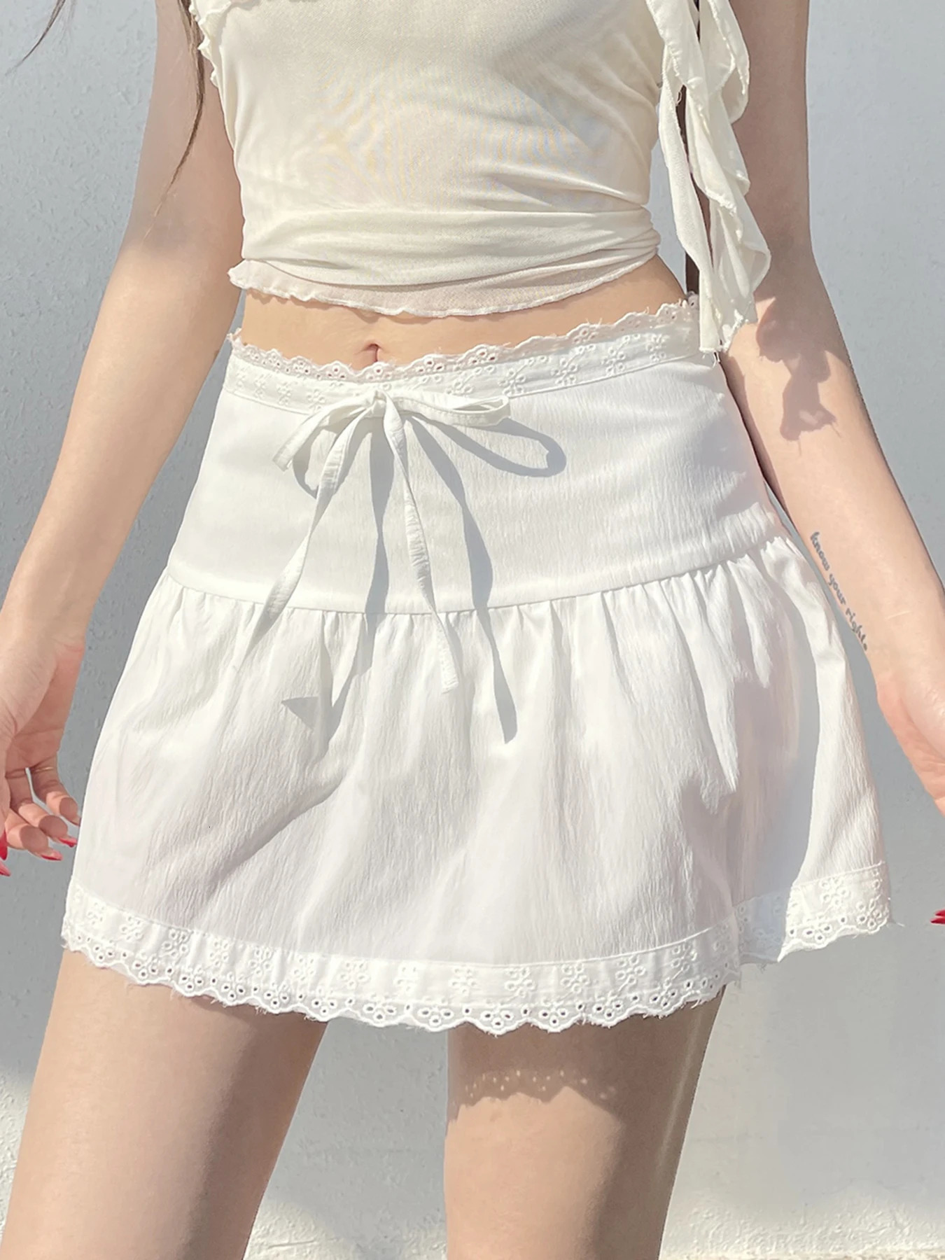 IAMSURE Casual Bandage Lace Trim ALine Skirts Slim Solid MidWaisted Mini Women Summer Fashion Streetwear Ladies 250514