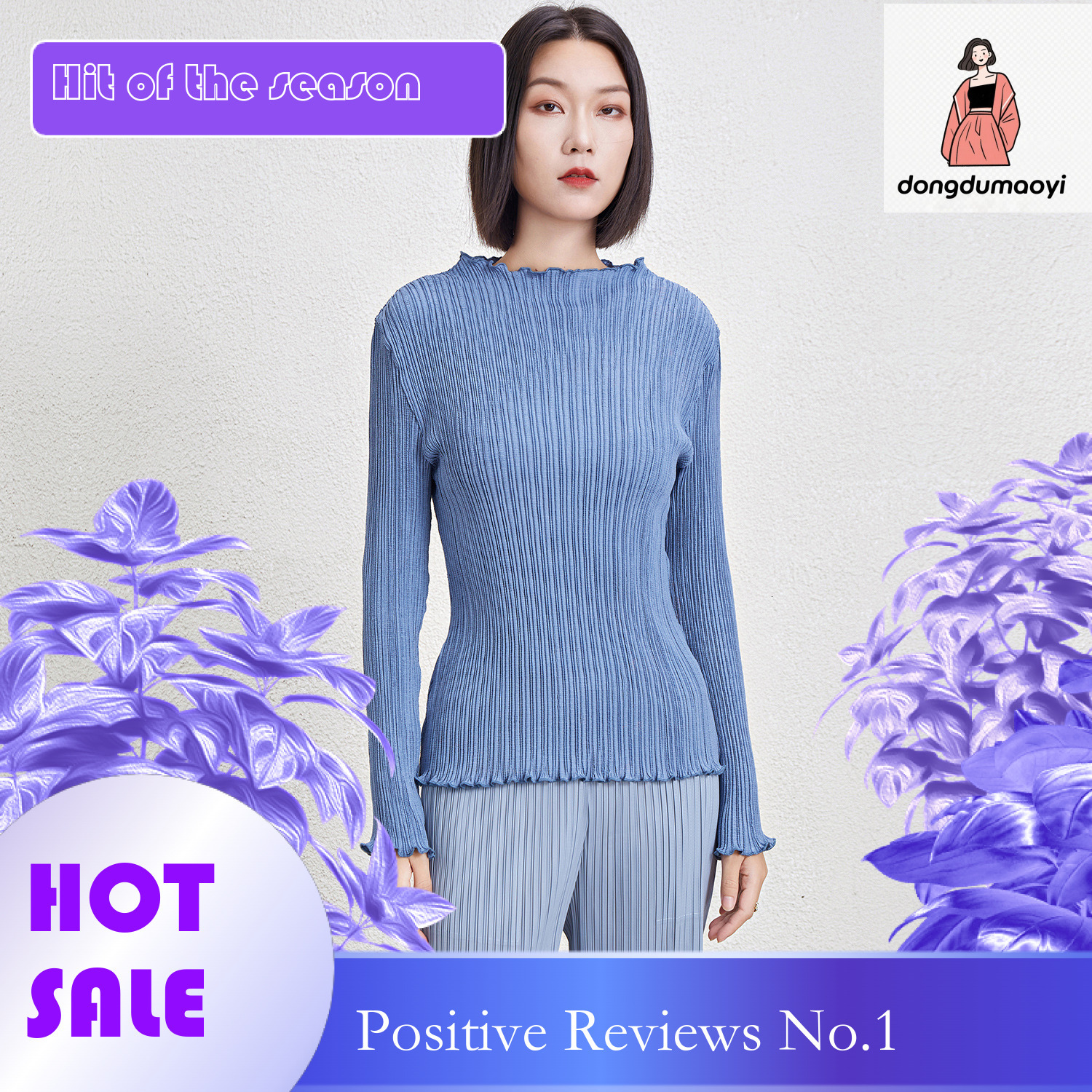 dongdumaoyi Miyake semi high neck long sleeved T-shirt for women in winter 2024, new women's pleated lace collar base shirt, top trend