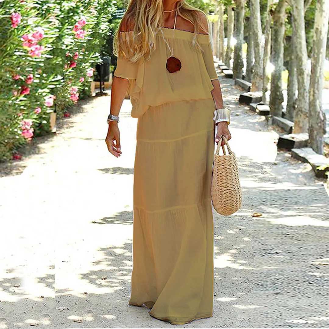 Vintage Casual Evening Dress Short Sleeve Slash-neck Floor-length Long Dress Simple Dress for Woman Slim Party DressesXJ250514
