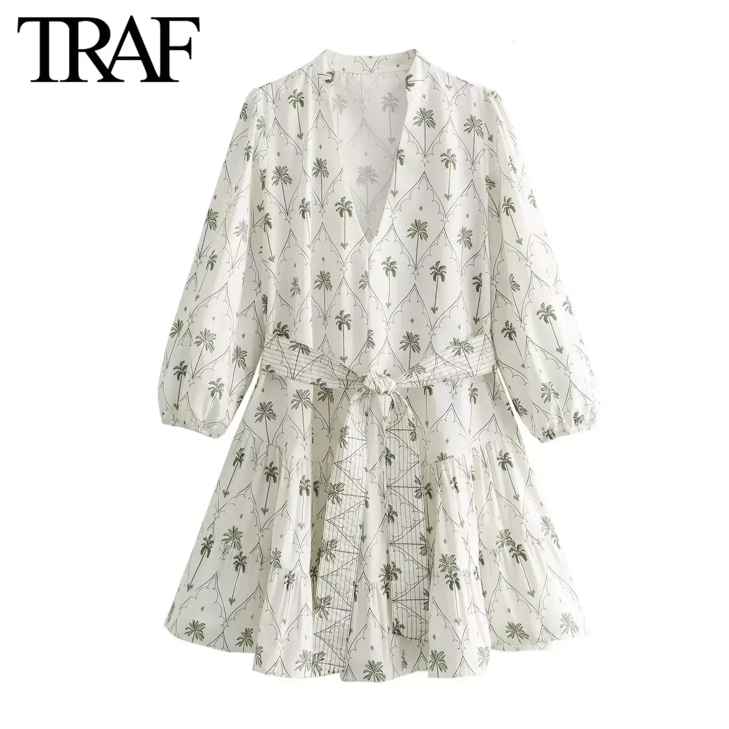 TRAF Women Fashion Spring Summer Vintage Printed Longsleeved VNeck Belt Dress French Chic Female Mini Evening Clothing 250514