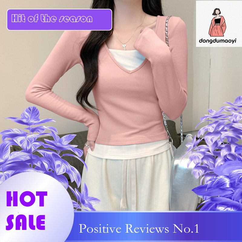 dongdumaoyi V-neck exposed collarbone short top, layered, sweet and spicy girl fake, two contrasting color, slim fit bottom shirt, T-shirt, women'