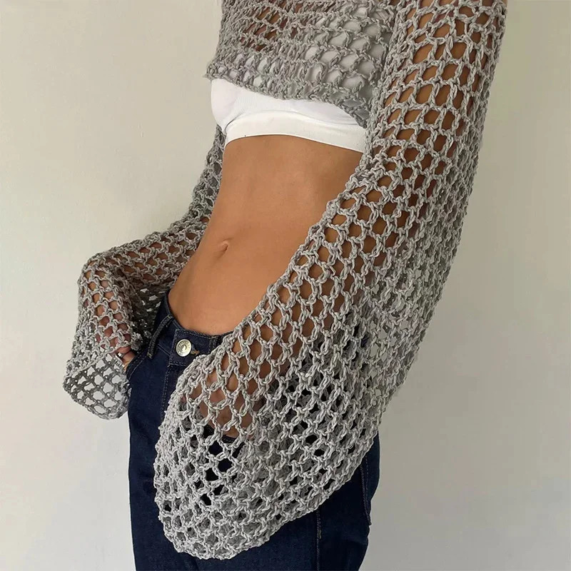 Summer Green Long Sleeve Smock Knitted Crop Top Women Y2k Beach Sexy Backless Hollow Out Party Blouse Shirts 250514