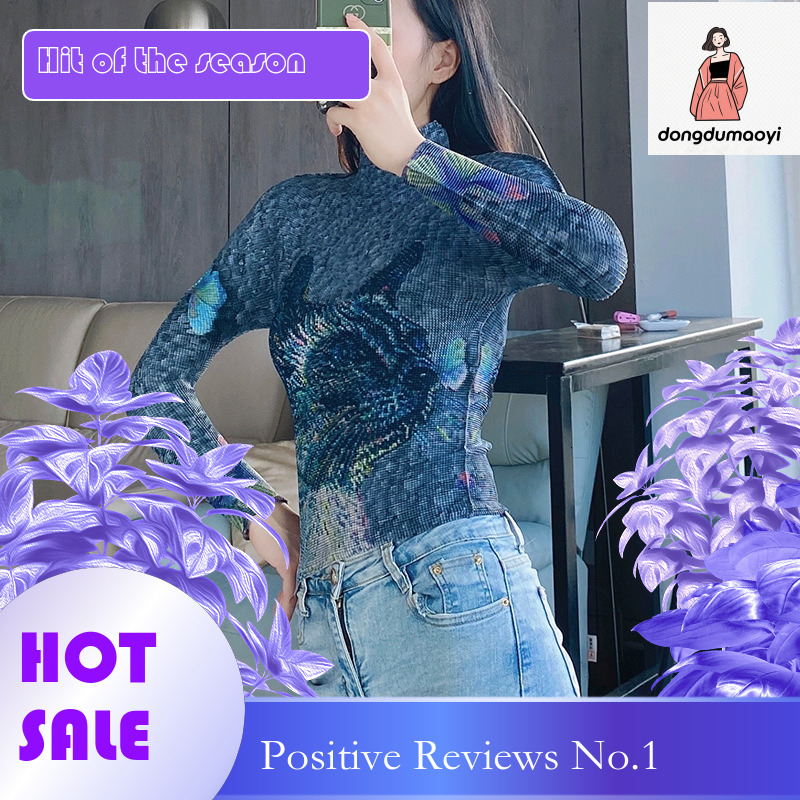 dongdumaoyi Wrinkle texture base shirt 2023 temperament new print versatile slim fit long sleeved t-shirt for women