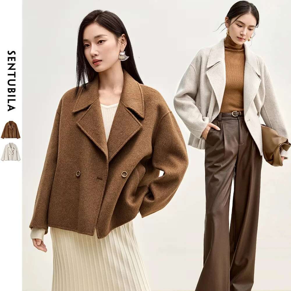 SENTUBILA Winter Short Woolen Jackets Women Outerwear Fashion Notched Collar Double Breasted Loose Coats Female W44O56123
