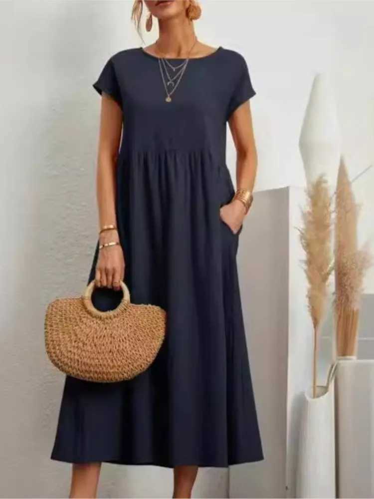 Womens Casual White Short Sleeve Midi Dress Summer Round Neck Cotton And Linen Vintage Loose Long Dresses With Pockets Y2KXJ250514
