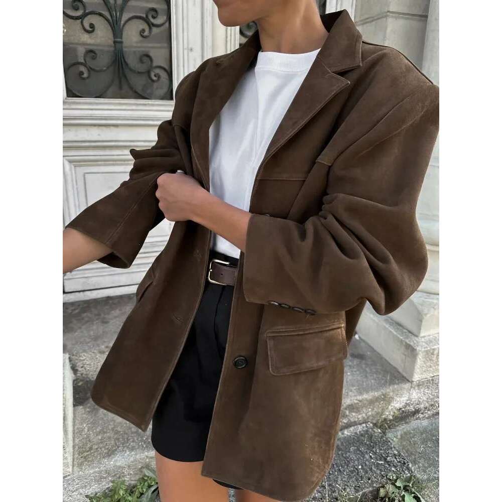 ZBZA Women Brown Retro Loose Blazer Jacket Lapel Single-breasted Long-sleeved Solid Short Outerwear Fall Winter Female Chic Coat
