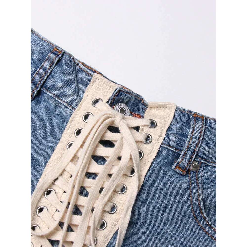 TWOTWINSTYLE Patchwork Ribbons Denim Shorts For Women High Waist Hollow Out Casual Streetwear Short Trousers Female Fashion 2022