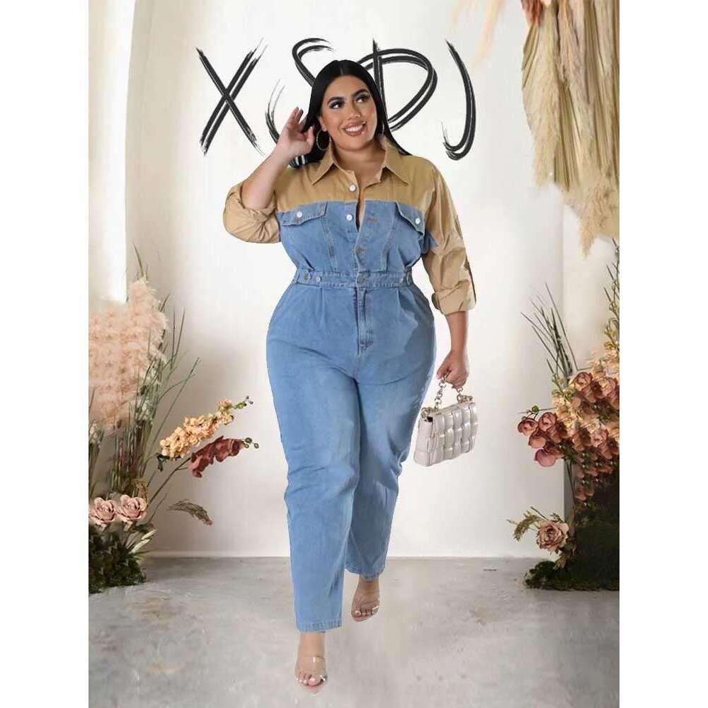 Casual Elegant Womens Jumpsuits with Jeans Autumn Winter Long Sleeve One Piece Outifts Cotton and Denim Jumpsuit Plus Size Lady