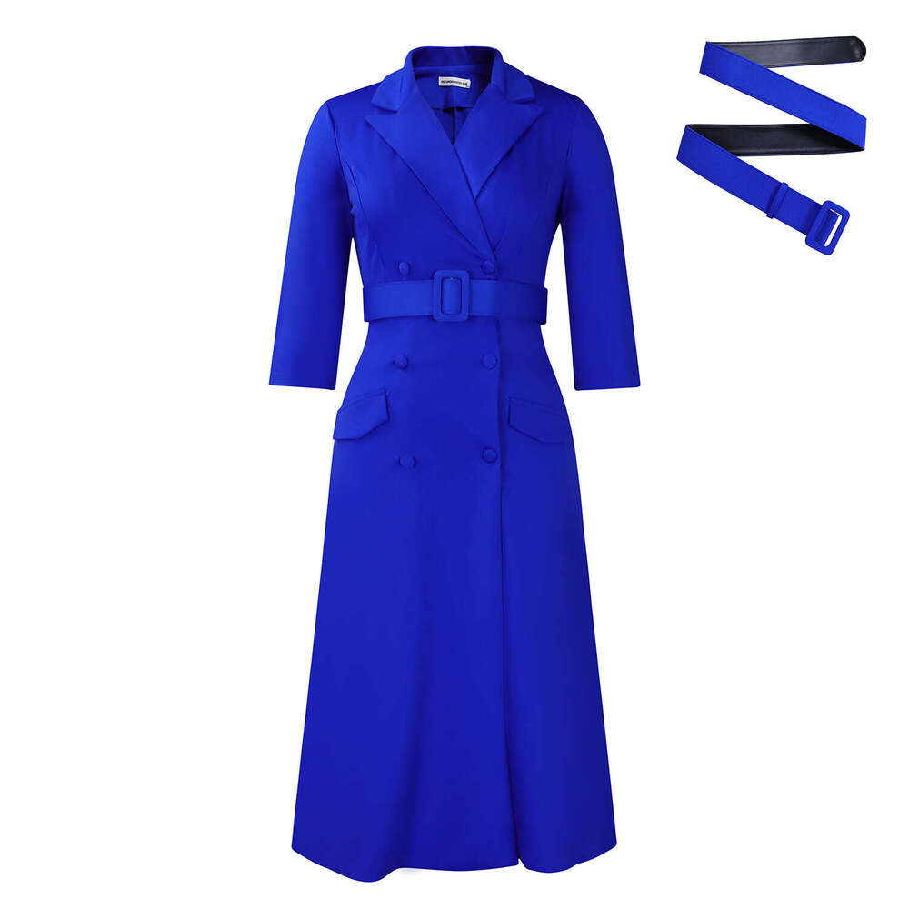 Women's Wear Women's Fashion Temperament Double Breasted Suit Collar Solid Color Mid Length Dress