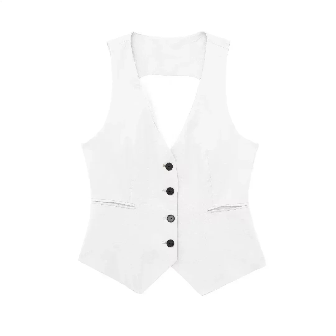 TRAF fashion womens vest linen sleeveless jacket autumn Korean black and white suit top 250506