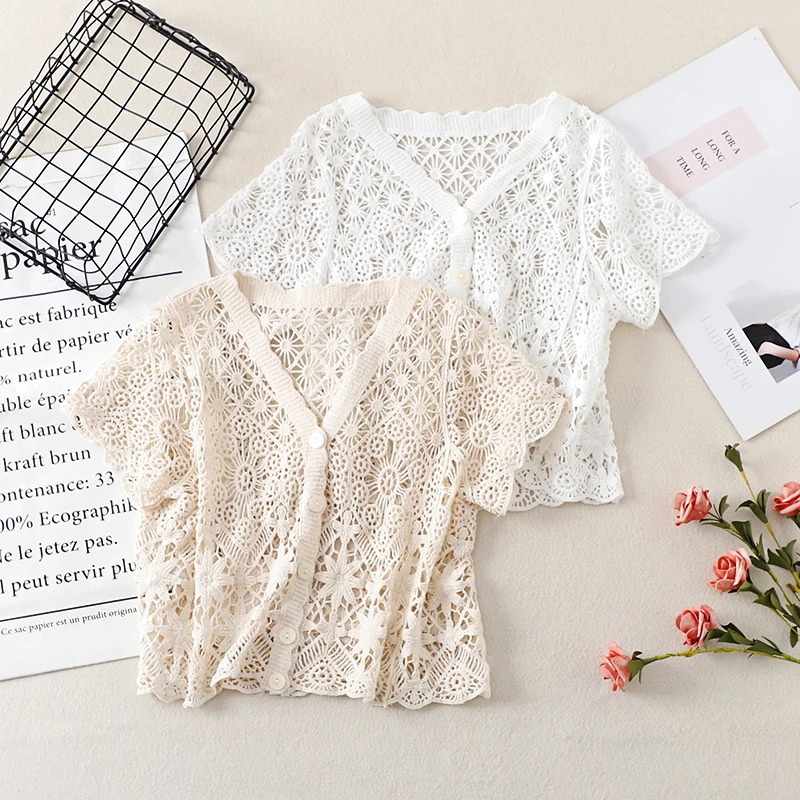Boho Crochet Knit Top Short Sleeve Buttonup Sheer Openwork Blouse Women Teengirl Summer Fairycore Vacation Outfit 250514