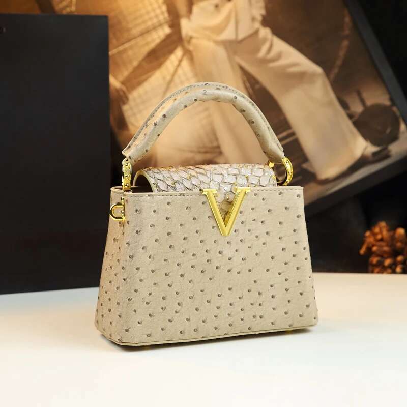 Fashion Leather Women's Handbags V Letter Small Shoulder Crossbody Bag Niche Ostrich Print Portable Messenger Shell Bags