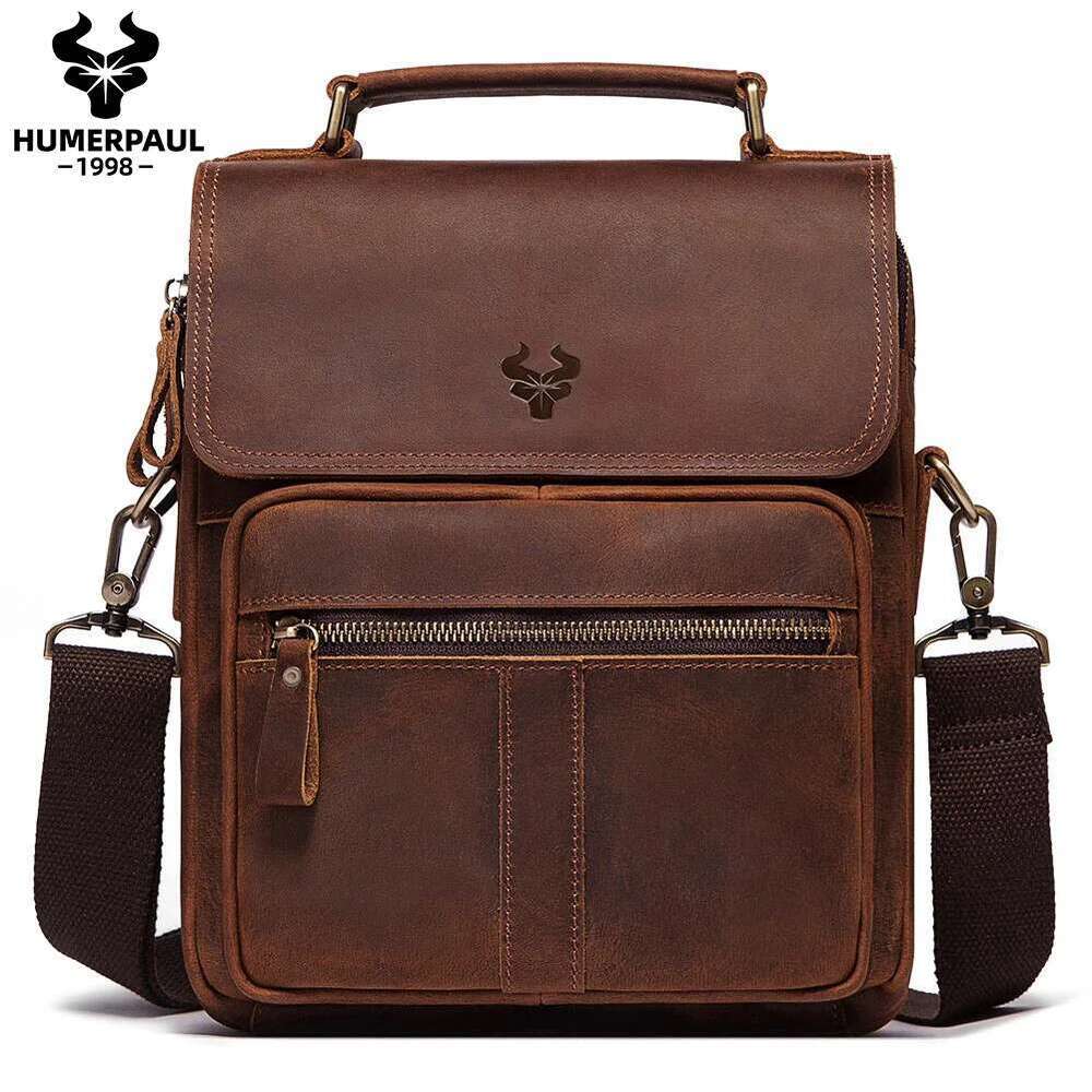 HUMERPAUL Full Grain Leather Shoulder Retro Business Crossbody For Work Large Capacity Male Messenger Travel Bag