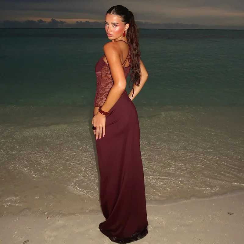 Elegant Lace Cut Out Maxi Dresses for Women 2025 Sexy Spaghetti Strap Patchwork Holidays Party Dress Summer Backless Long DressXJ250514