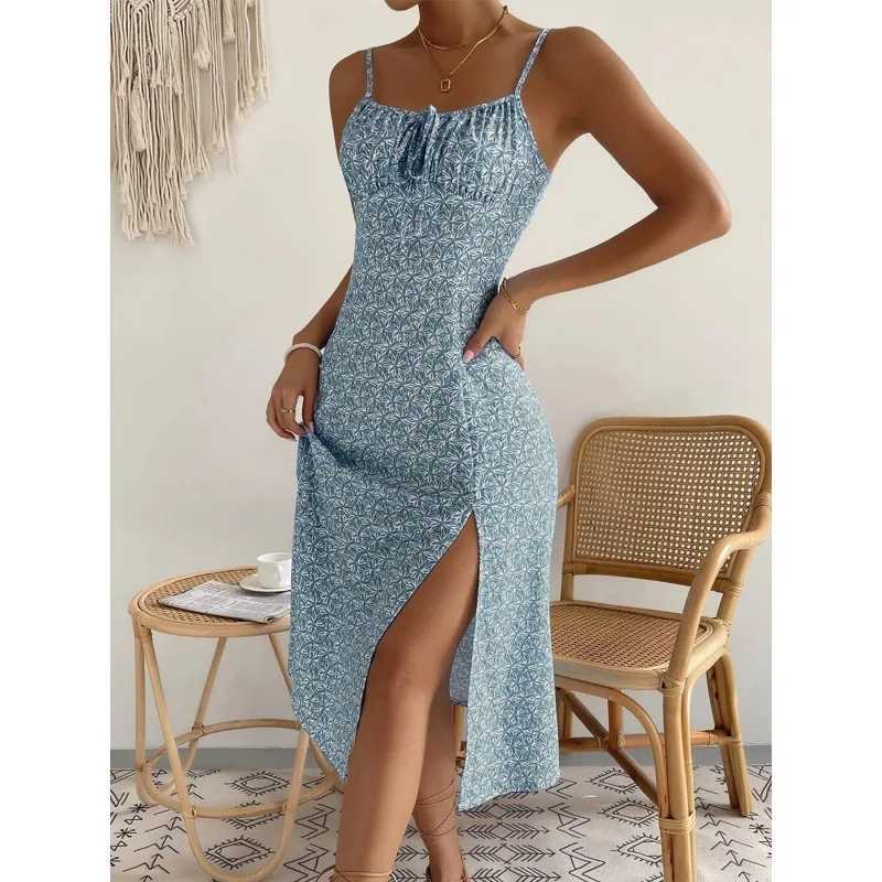 Womens Print Spaghetti Strap Dresses Fashion Leace-up Bodycon Slit Dress Fresh Floral A-line Midi Vestidos Female Summer NewXJ250514