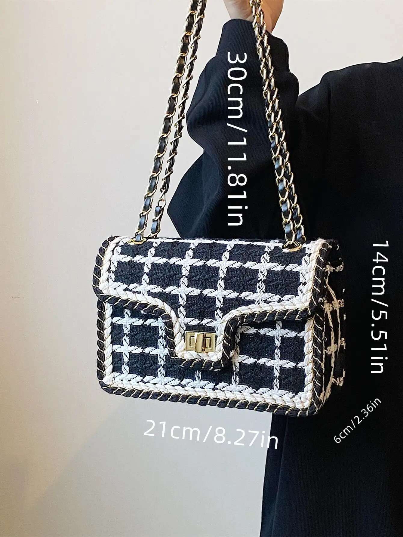 2025 new bag black and white plaid woolen casual crossbody bag women's shoulder bag designer with top handle fashionable square bag personality t