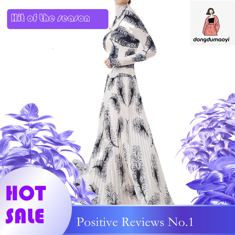 dongdumaoyi Miyake printed T-shirt top for women, 2024 new set, fashionable and versatile, high waist, mid length skirt two-piece set