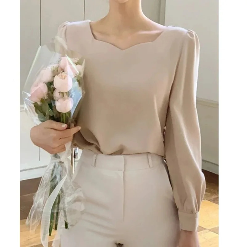 Elegant Square Collar Blouse for Women Casual Loose Tops Puff Sleeve Simple Shirts Spring and Autumn Fashion 8276 250513