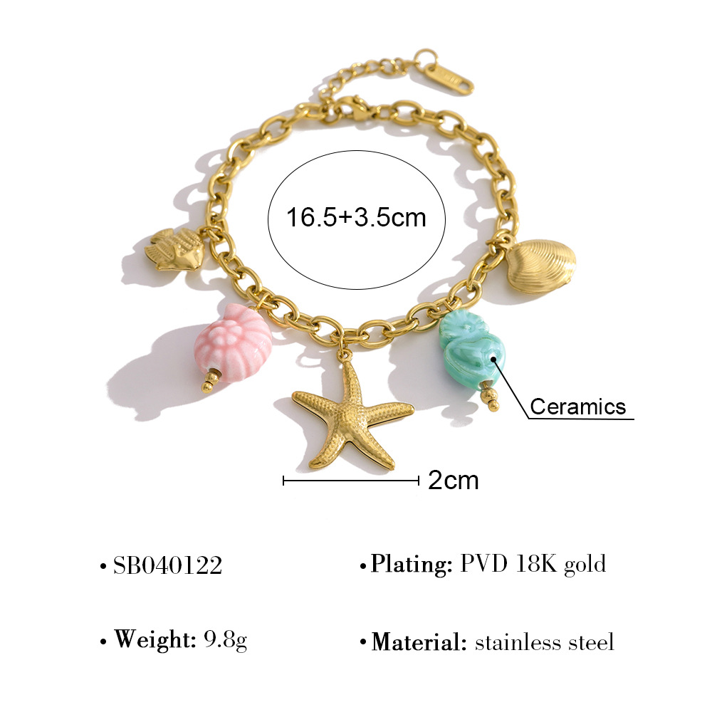 Ocean Inspired Fish & Starfish Titanium Steel Bracelet with Colorful Ceramic Charms, Elegant Necklace for Women