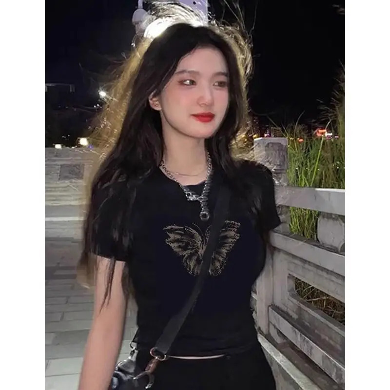 Black Cotton Shortsleeved Tshirt for Women in Summer Slim Short Butterfly Printed Front Shoulder Top 250514