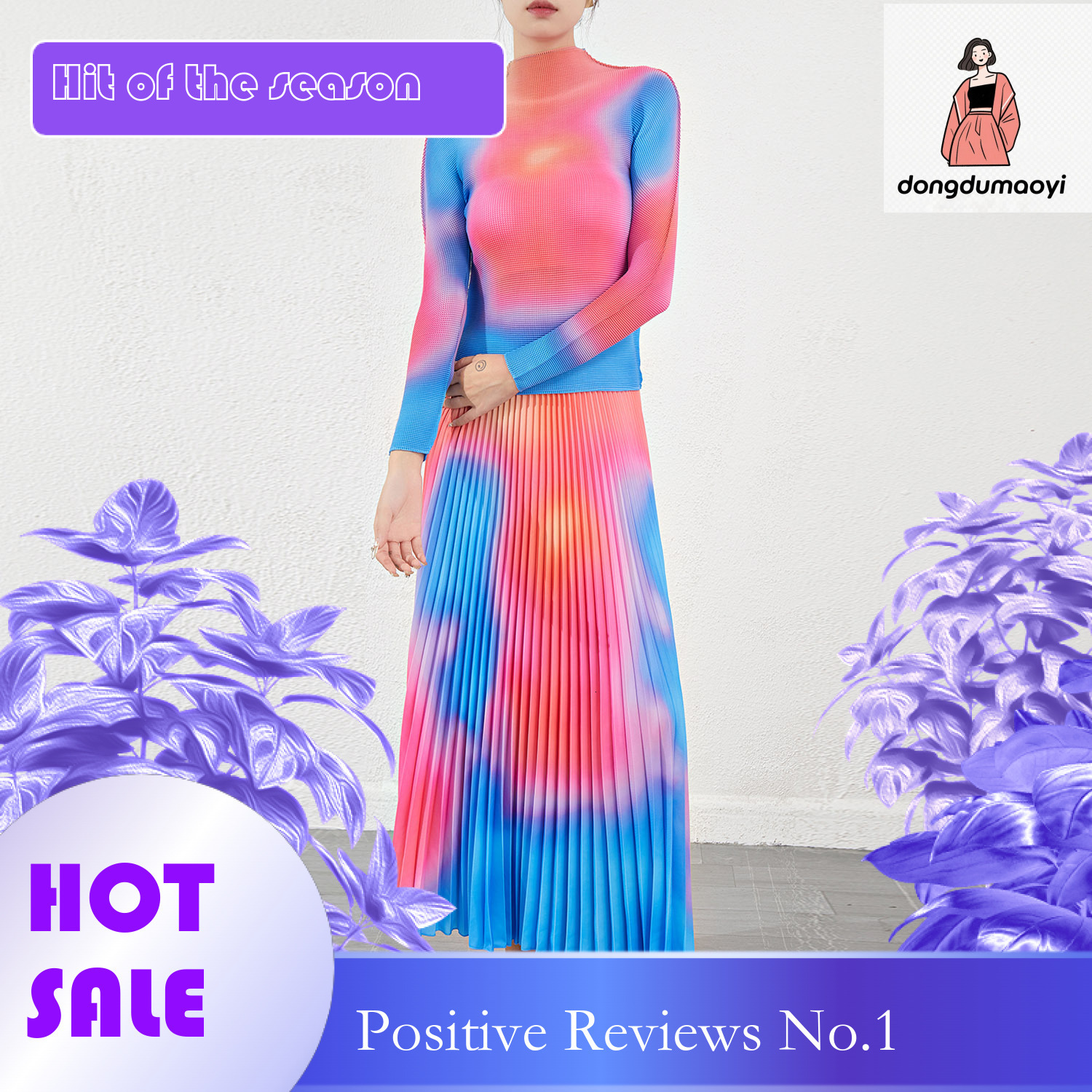 dongdumaoyi Miyake printed semi high neck T-shirt for women's autumn outfit, high-end and fashionable half skirt base two-piece set