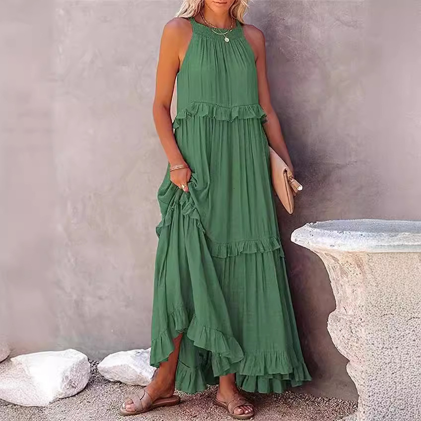 Women Dresses 2025 Summer New Fashion Vacation Wind Lotus Leaf Edge Long Dress Large Swing Flowing Beach Skirt