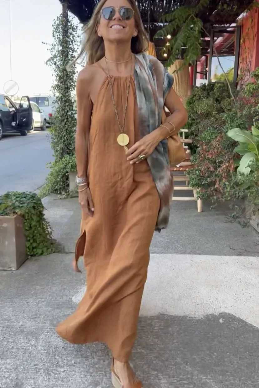 2025 Spring Cotton Linen Women Dress Long Black Sleeveless Loose Halter Dresses Female New Casual Elegant Trendy Ladies ClothesXJ250514