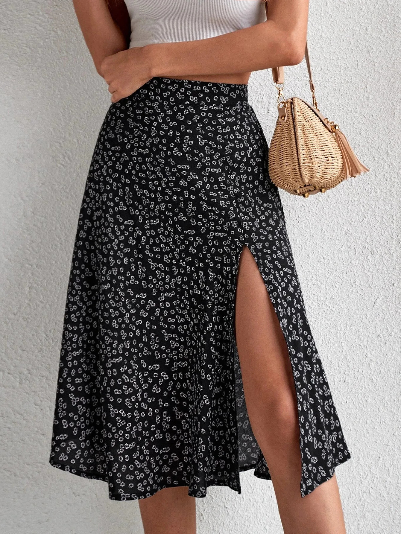 Spring and summer womens versatile floral zipper split Aline skirt 250514