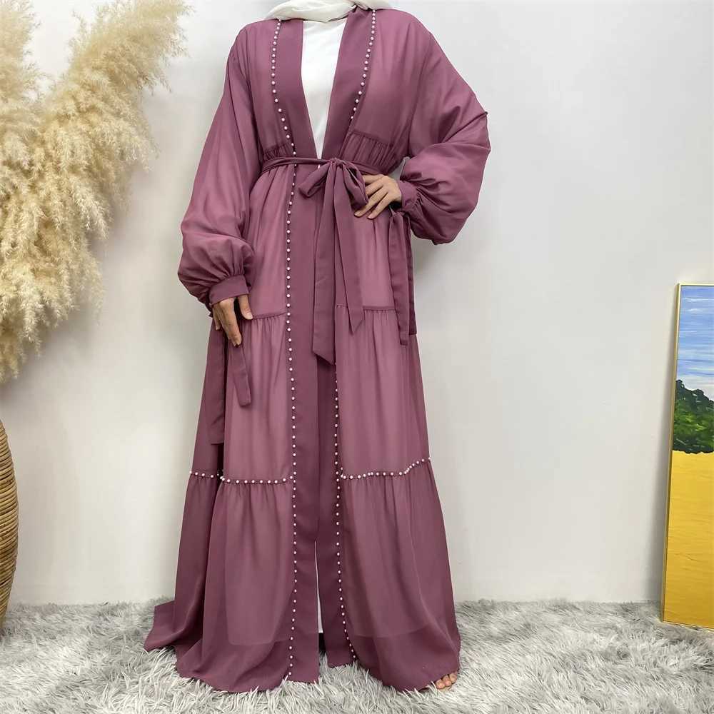 Abaya Dubai Muslim womens fashion Cardigan dress Arab net color dded Moo chiffon elegant temperament cardigan robe X250514