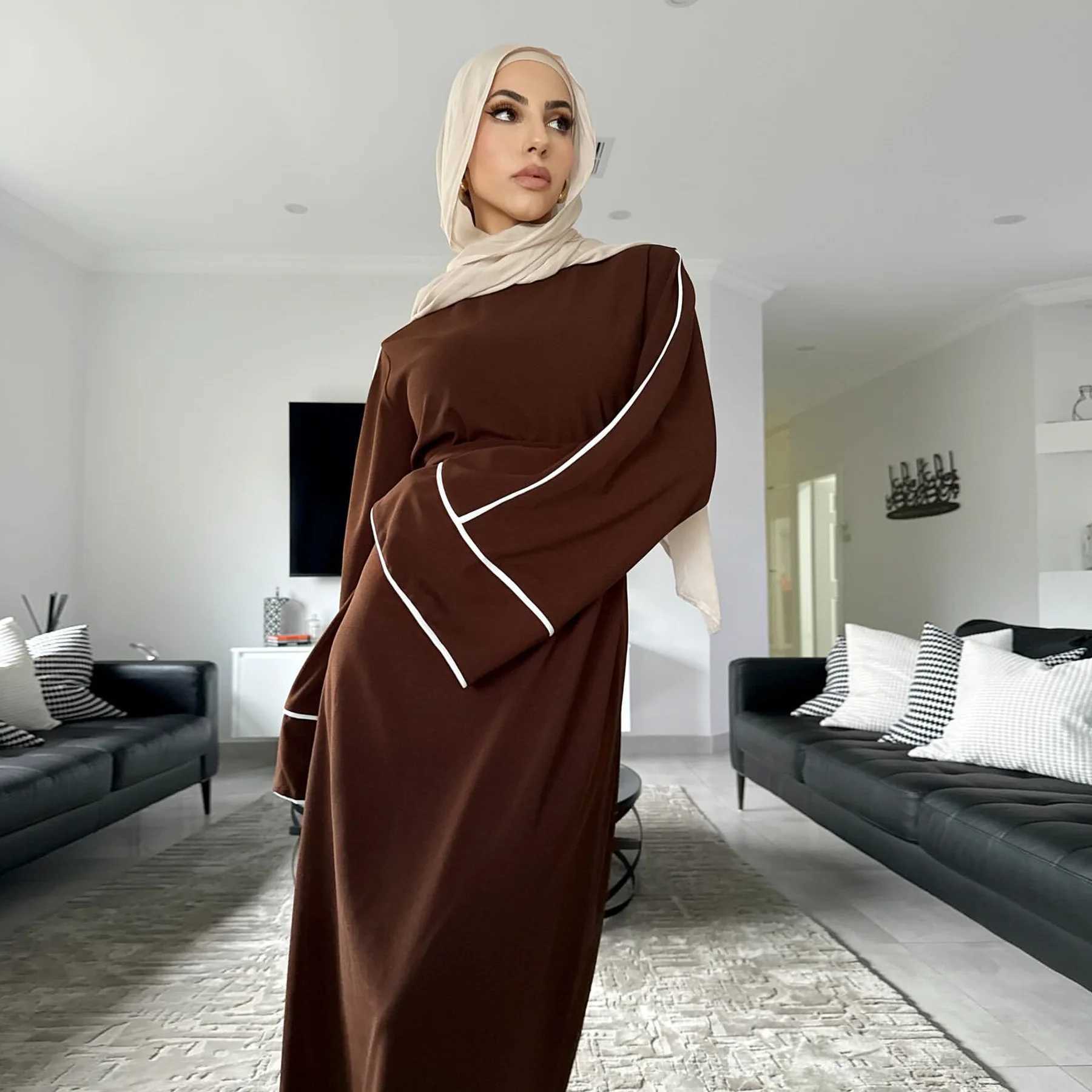 Islamic Brown Muslim Abaya Belted Waist Cuff Design Ideal for Ramadan Celebrations in UAE Dubai and Middle East Daily Modest X250514