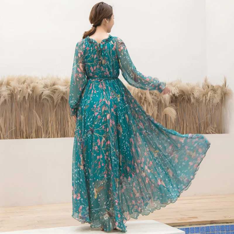 2024 Boho Floral Print Party Dress Women Vestidos Elegant Fashion Loose Chiffon Long Slve Muslim Abaya Islamic Clothing Robes X250514