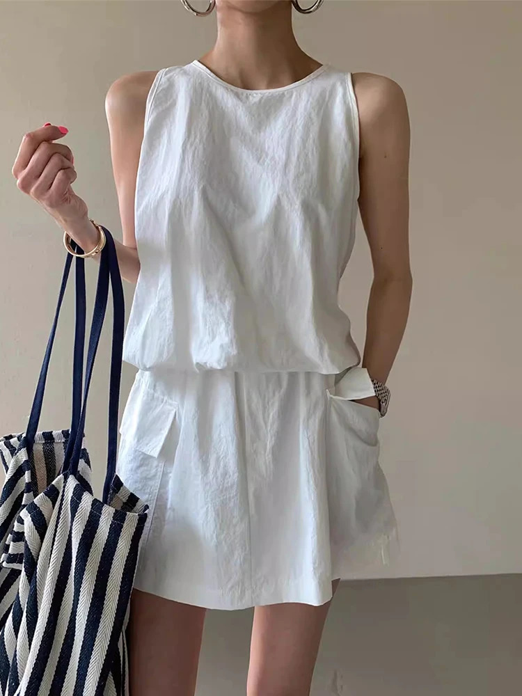 HELIAR Women Solid Color Casual 2 Piece Sets Zipper Sleeveless Vest Shirt Elastic Waist Shorts Skirt Set Office Women Outfits 250513