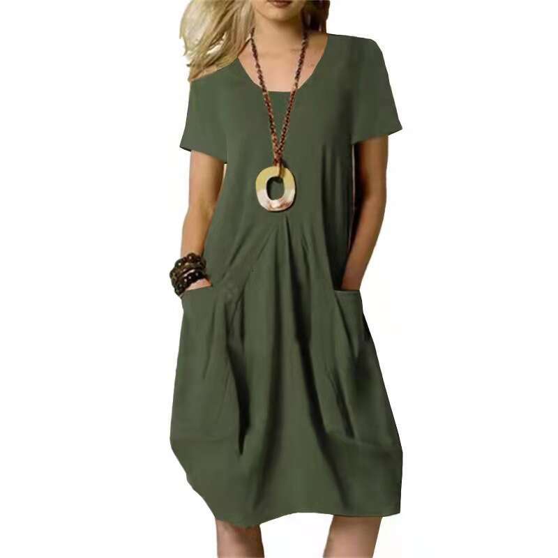 Women Clothes Dress Summer New Cotton Linen Solid Loose Round Neck Short Sleeve Dress KQ