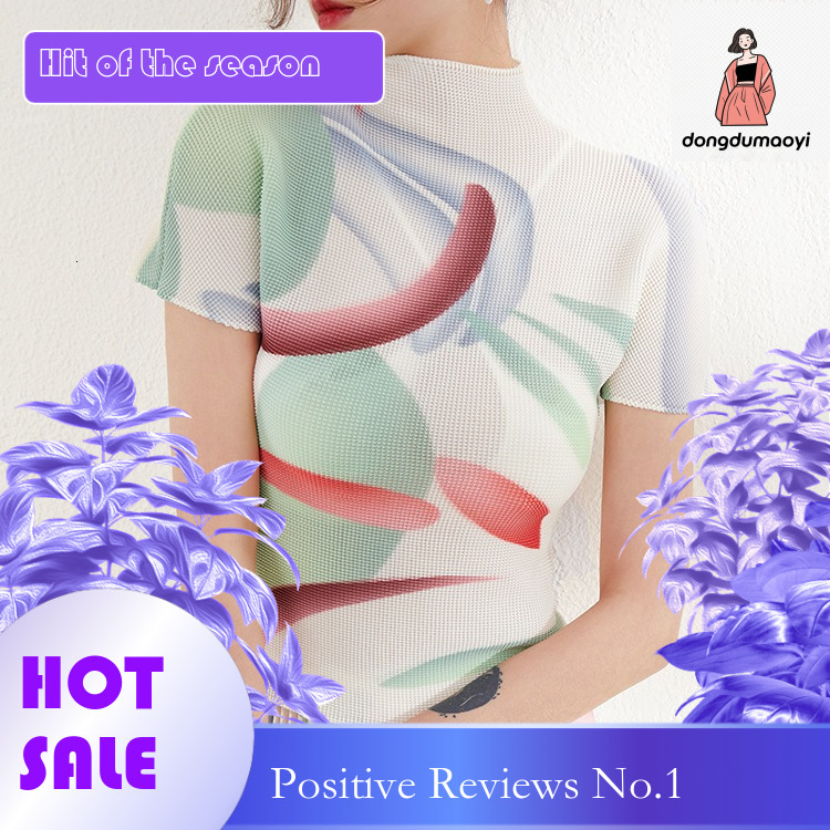 dongdumaoyi Folding women's shirts in small batches, Miyake super elastic corn pleated stand up collar printed T-shirt tops