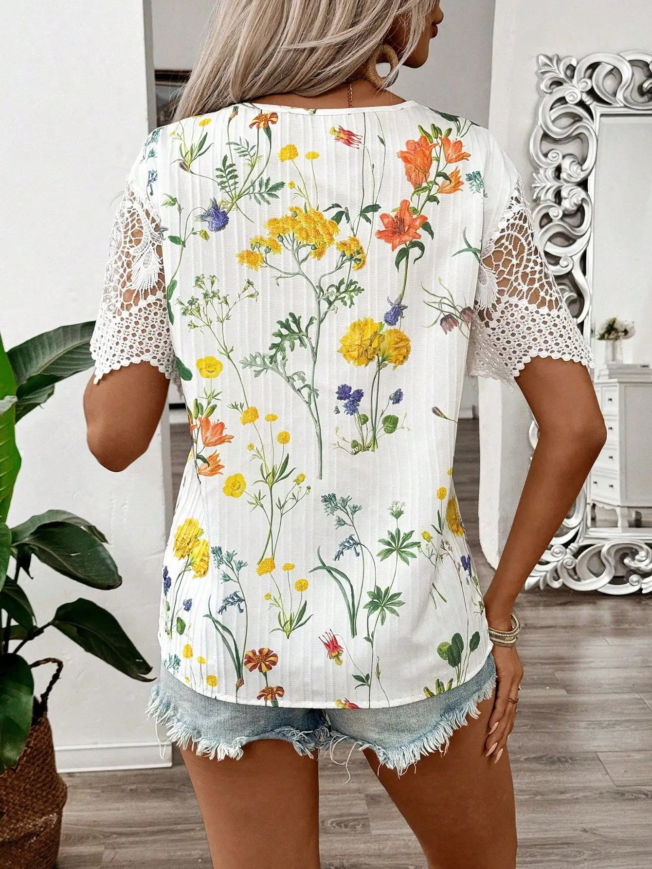 Elegant casual womens shirt Vneck short sleeve splicing lace wave stripe printed for women 250514