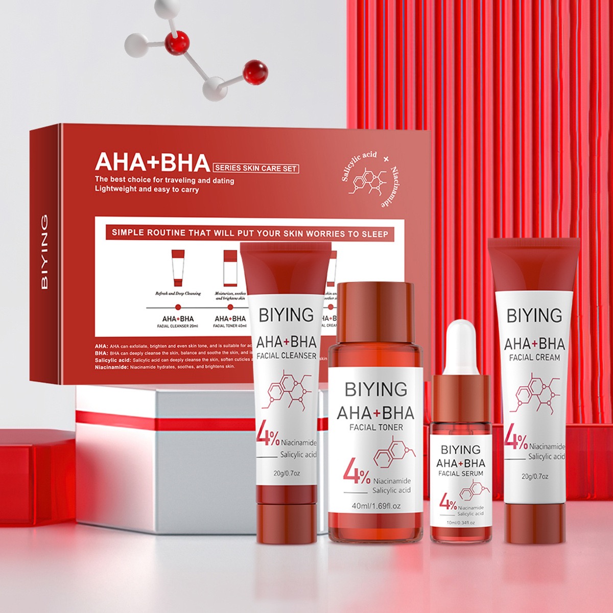 biying aha bha Skin care set, facial serum, facial cleanser, toner and cream,Contains salicylic acid and nicotinamide components,Dermatologist-tested
