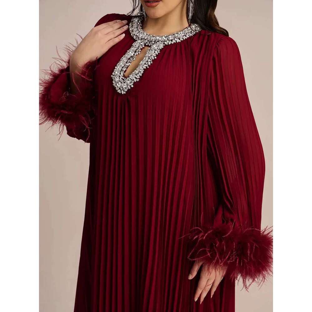 VGH Solid Spliced Dias tail Dress for Women O Neck Long Sleeve Loose Wiast Patchwork Feather Dresses Female New