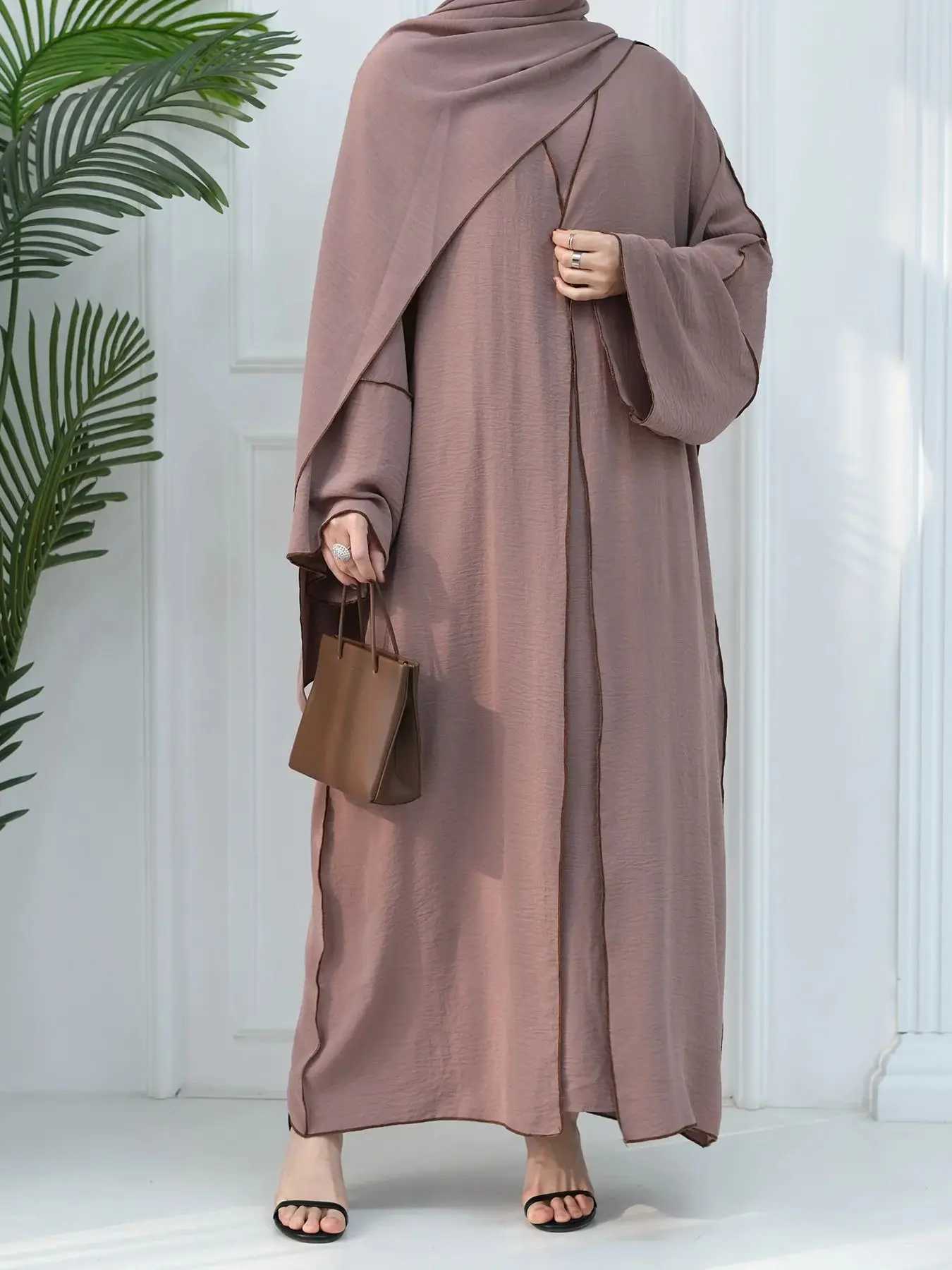 Elegant Modest Islamic Luxury Abaya Sets Dubai Wrinkle Kimono 2 Piece Abaya Set Abaya Kaftans Women Muslim Dress Coat and Robes X250514