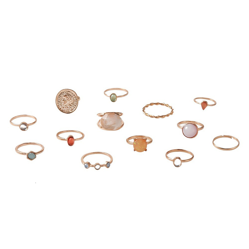12 pieces of creative personalized jelly colored rings with diamond inlay relief set for women's jewelry