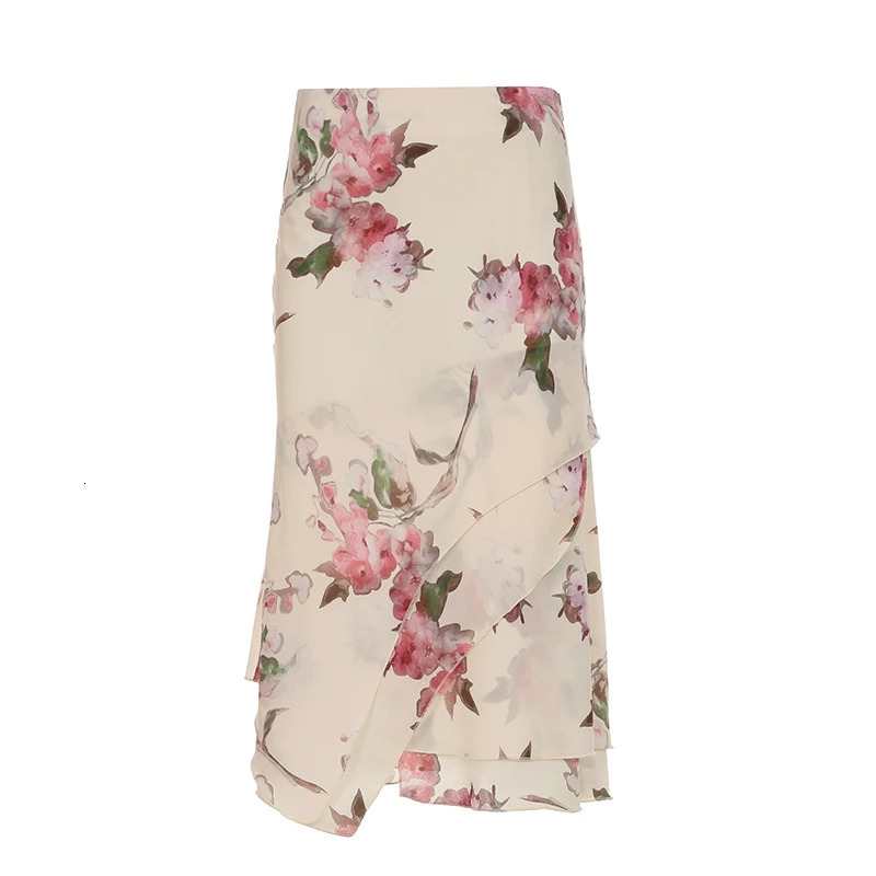 Darlingaga Vintage Floral Printed Asymmetric Hem Skirts Low Waist Slimming Holiday Mesh Summer Skirt Women Fashion Bottoms 250514