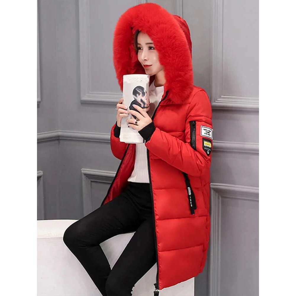 Women Winter Fur Collar Hooded Parka Fashion Letter Patch Zipper Pockets Design Long Jacket Elegant Slim Warm Thick Female Coats Designer