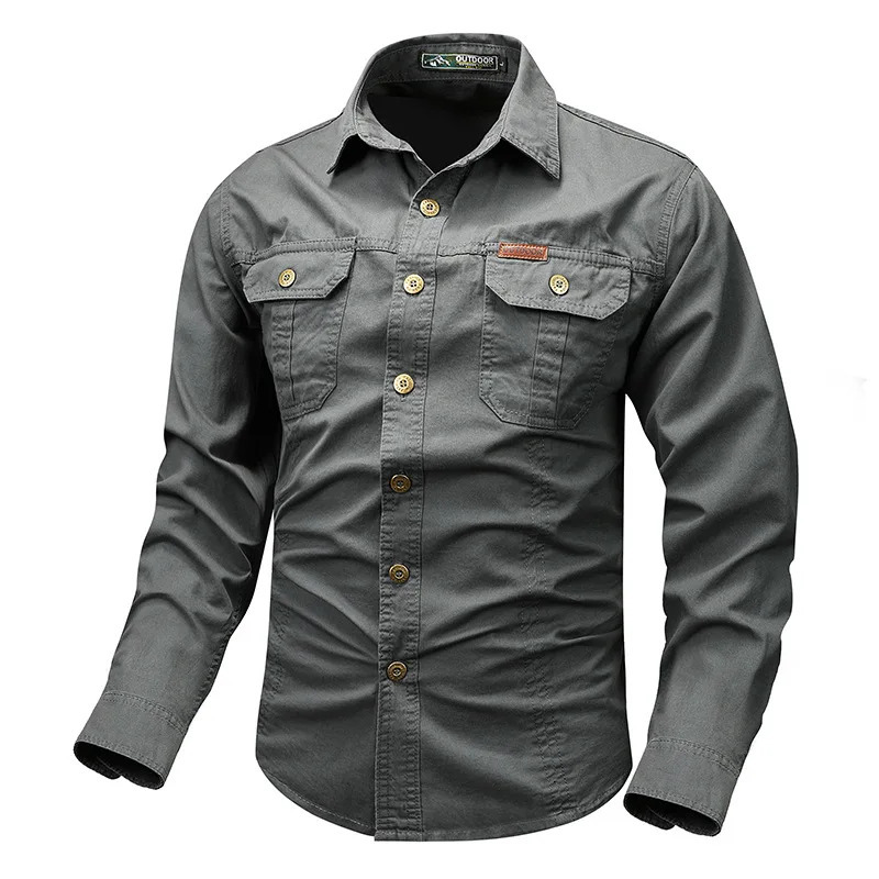Retro style mens long sleeved pocket n casual button up shirt Qutdoo for spring and autumn 250506Z