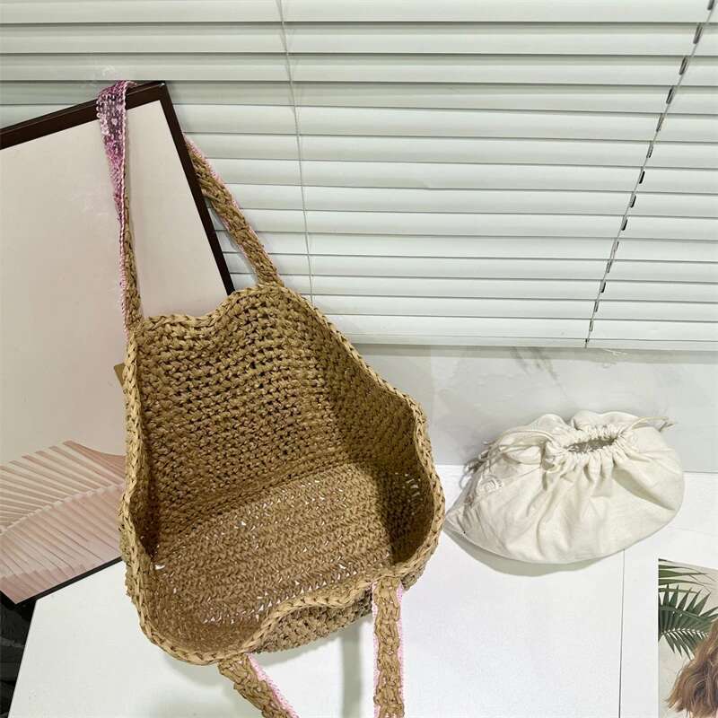 Straw Hollow Out Knitting Sequins Tote Large Capacity Handmade Shoulder Handbag Women Designer Casual Beach Bag Ethnic Style
