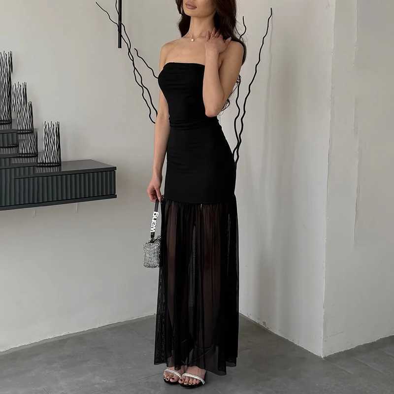Tornova Sexy Strapless Split Long Dress For Women Mesh Splice Retro Elegant Party Dress Sleeveless Summer Vacation Dress FemaleXJ250514