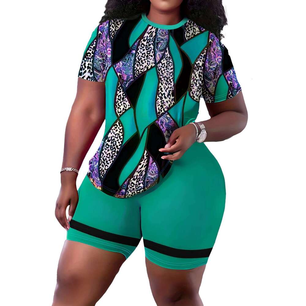 Plus Size New Morning Exercise Clothes, Casual Outfits Set, Women's Leopard Print Short Sleeve Top & Biker Shorts 2 Piece Suit
